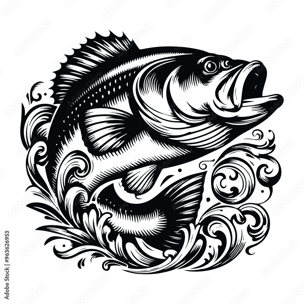 Largemouth Bass fish with victorian flourish decoration, stencil logo, black and white animal illustration Largemouth Bass fish with victorian flourish decoration, stencil logo, black and white animal illustration