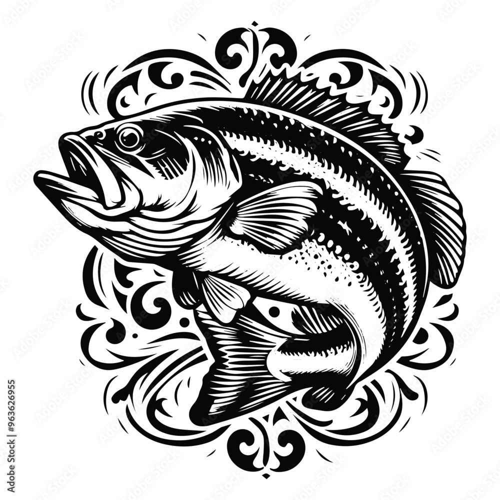 Largemouth Bass fish with victorian flourish decoration, stencil logo, black and white animal illustration