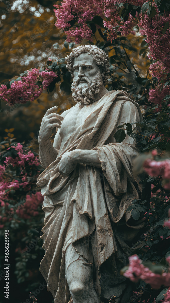 A serene sculpture of Epicurus in a lush garden, surrounded by blooming flowers. The statue stands tall, symbolizing wisdom and tranquility. A serene sculpture of Epicurus in a lush garden, surrounded by blooming flowers. The statue stands tall, symbolizing wisdom and tranquility.