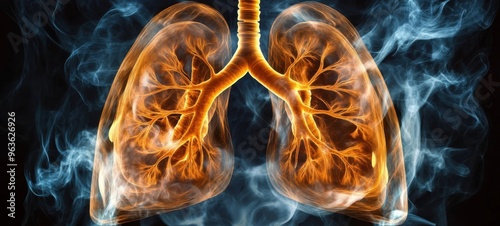 A glowing representation of human lungs intertwined with wisps of smoke showcasing the complexity of the respiratory system photo