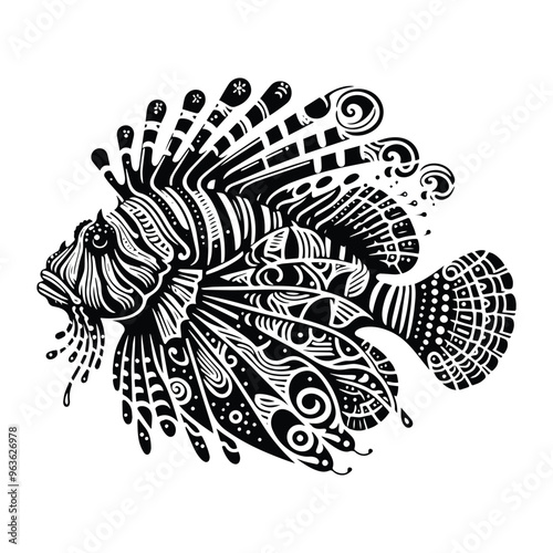 lion fish in zentangle art, stencil logo, black and white animal illustration