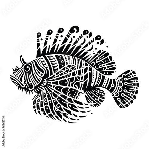 Lionfish in zentangle art, stencil logo, black and white animal illustration