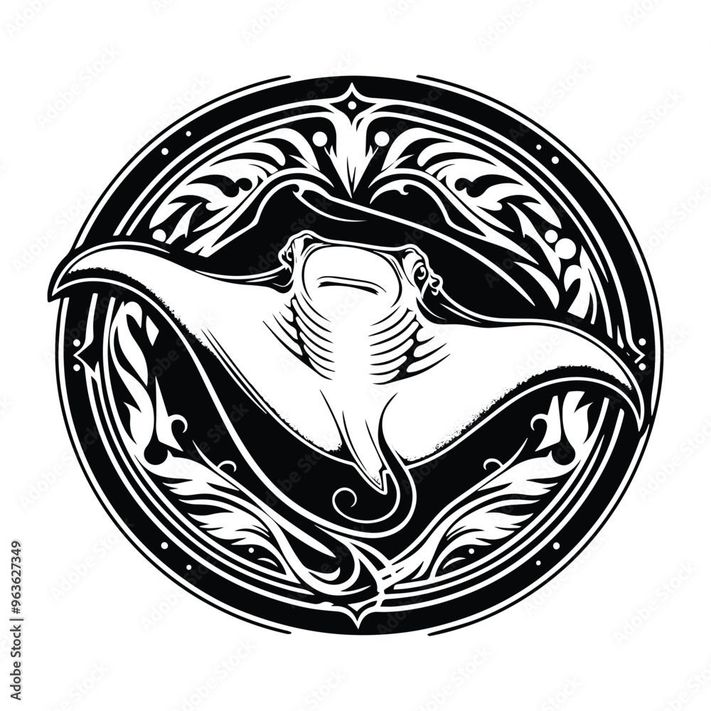 MantaRay fish with art nouveau decoration, stencil logo, black and white animal illustration MantaRay fish with art nouveau decoration, stencil logo, black and white animal illustration