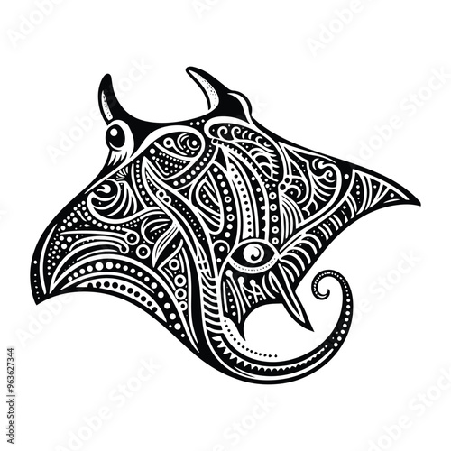 MantaRay fish in zentangle art, stencil logo, black and white animal illustration