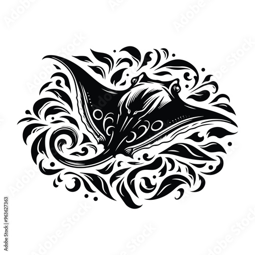 MantaRay fish with victorian flourish decoration, stencil logo, black and white animal illustration