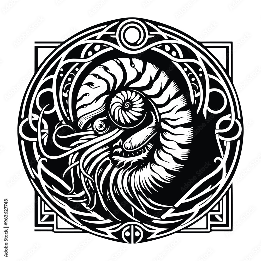 nautilus with art nouveau decoration, stencil logo, black and white animal illustration nautilus with art nouveau decoration, stencil logo, black and white animal illustration