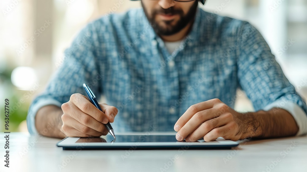 Man writing on a digital tablet while participating in a virtual call, multitasking, hybrid tools Man writing on a digital tablet while participating in a virtual call, multitasking, hybrid tools