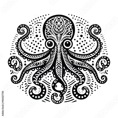 Octopus in zentangle art, stencil logo, black and white animal illustration