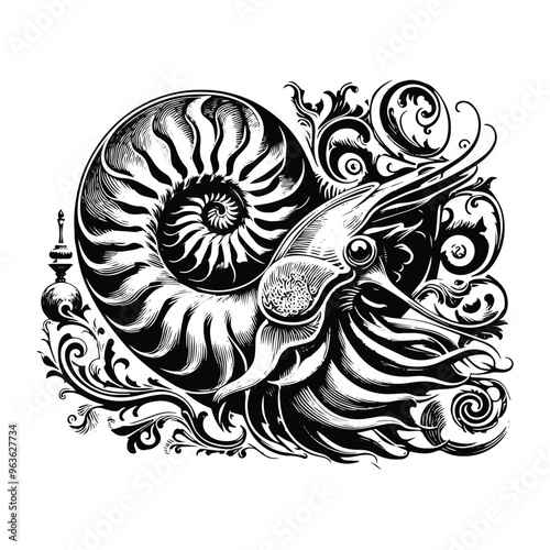 nautilus with victorian flourish decoration, stencil logo, black and white animal illustration