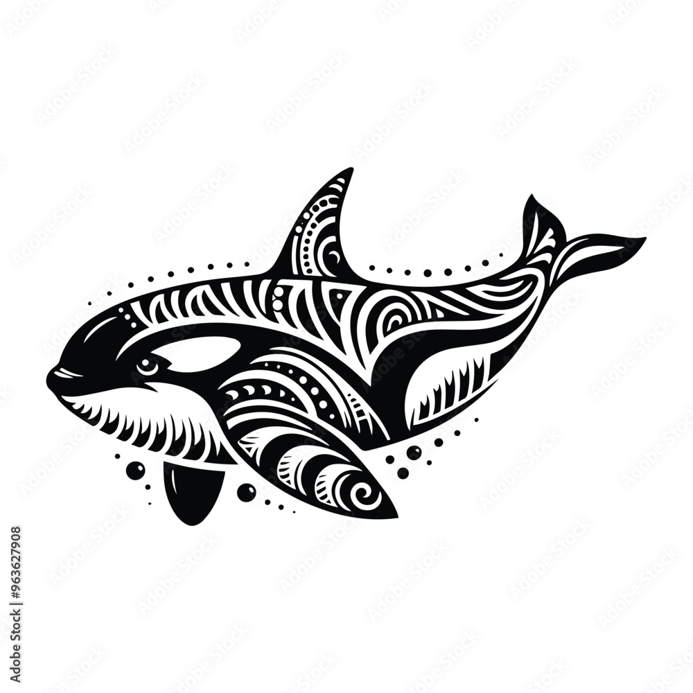 orca fish in zentangle art, stencil logo, black and white animal illustration orca fish in zentangle art, stencil logo, black and white animal illustration