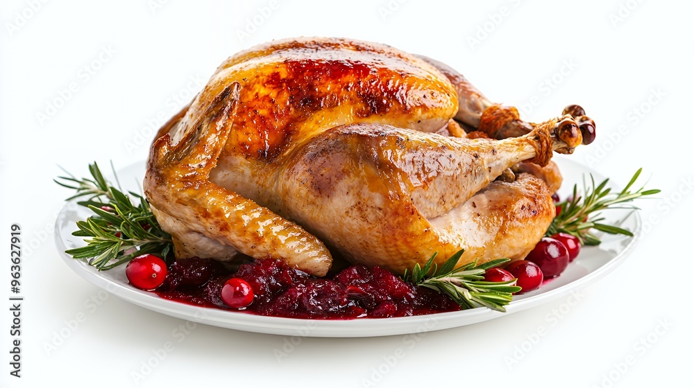 A roasted turkey on a white plate with cranberry sauce and rosemary sprigs. A roasted turkey on a white plate with cranberry sauce and rosemary sprigs.