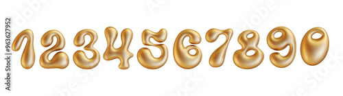 Liquid gold number in y2k style isolated PNG. Realistic 3d golden inflated number metal effect.