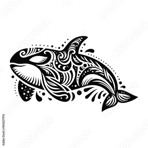 orca fish in zentangle art, stencil logo, black and white animal illustration