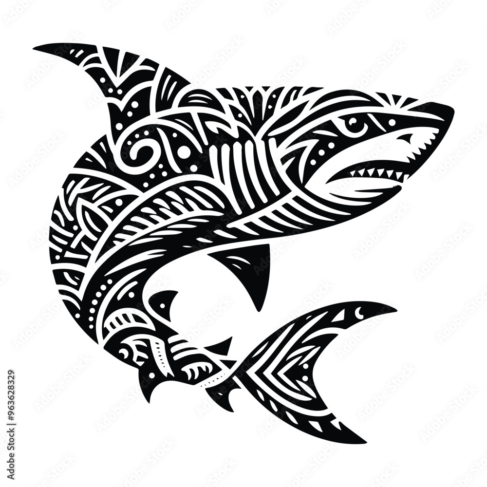 Shark fish in zentangle art, stencil logo, black and white animal illustration Shark fish in zentangle art, stencil logo, black and white animal illustration