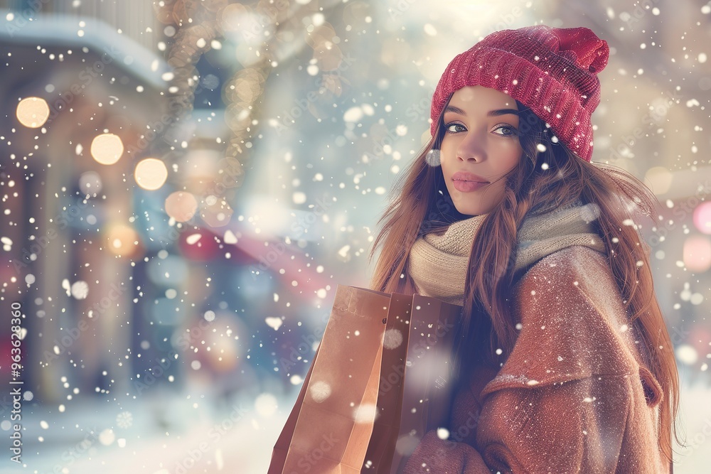 Beautiful young woman with shopping bags in the city, Ai Generated Beautiful young woman with shopping bags in the city, Ai Generated