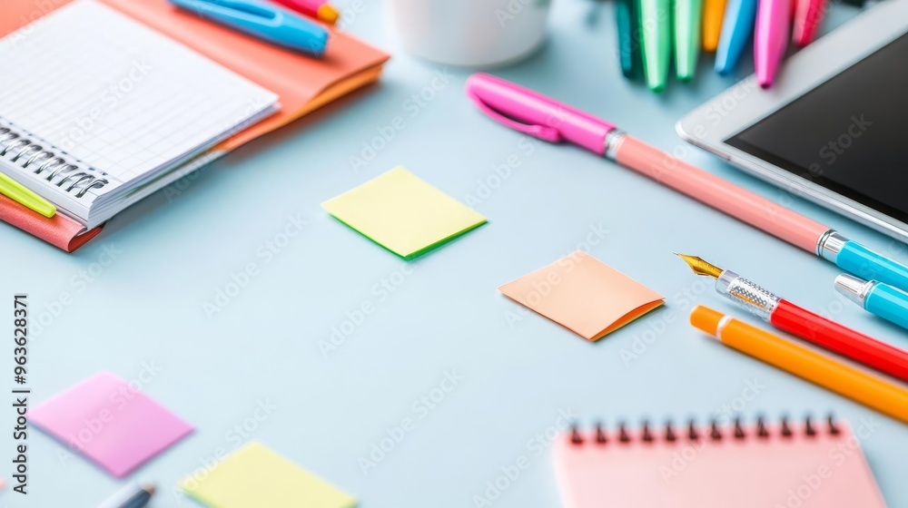 Overhead view of a desk with colorful pens, sticky notes, and digital devices, multitasking, creative setup Overhead view of a desk with colorful pens, sticky notes, and digital devices, multitasking, creative setup