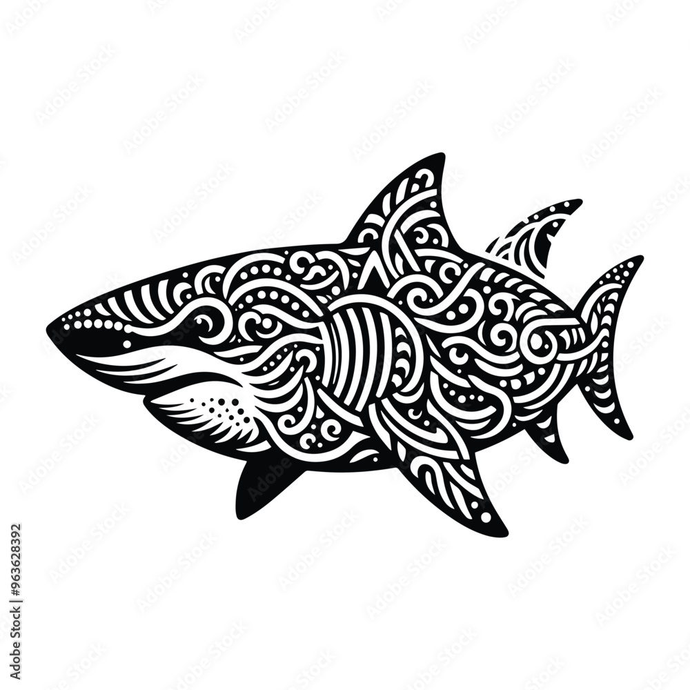 Naklejka premium Shark fish in zentangle art, stencil logo, black and white animal illustration