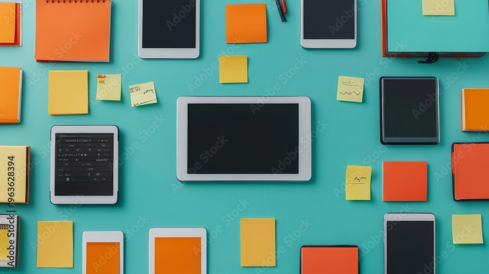 Overhead view of a desk with digital devices and sticky notes, multitasking, hybrid work environment Overhead view of a desk with digital devices and sticky notes, multitasking, hybrid work environment