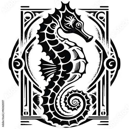 Seahorse with art nouveau decoration, stencil logo, black and white animal illustration