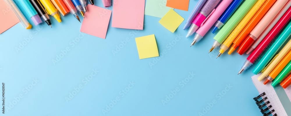 Fototapeta premium Overhead view of a desk with colorful pens and sticky notes, multitasking, creative workspace