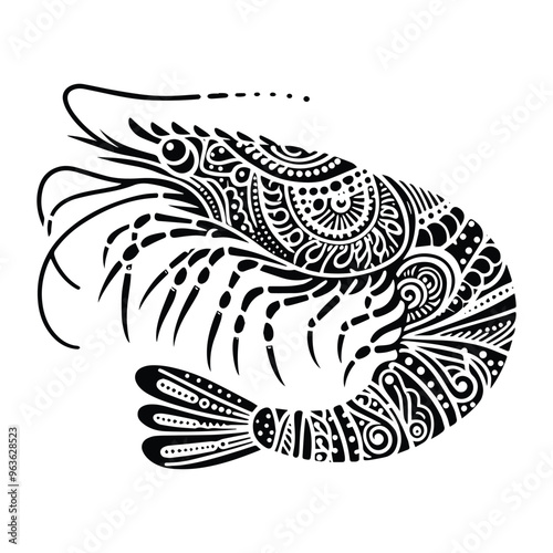 Shrimp in zentangle art, stencil logo, black and white animal illustration