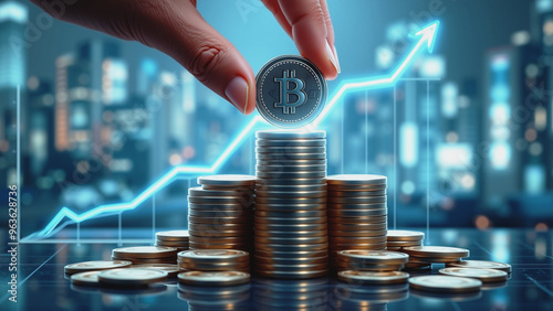 Bitcoin Investment Growth - Digital Currency Rise, Close-up image of a hand placing a single Bitcoin coin on top of a pile of traditional currency, symbolizing investment in cryptocurrency.