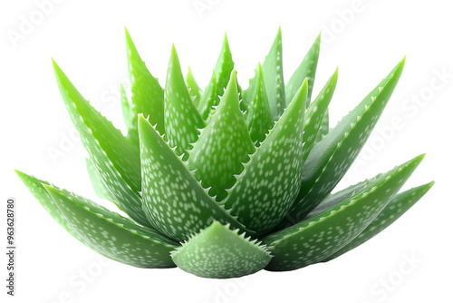 A close-up image of a vibrant green Aloe Vera plant with distinctive white spots on its fleshy, pointed leaves isolated on white background. 