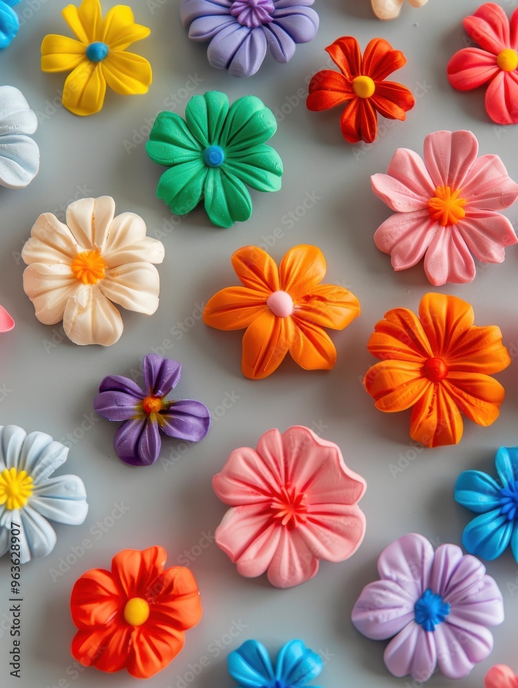 Colorful Fabric Flowers on Grey Background. Colorful Fabric Flowers on Grey Background.