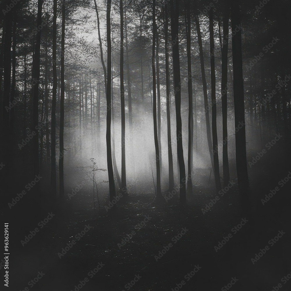 Mysterious forest with tall trees shrouded in fog, ideal for themes of nature, mystery, or eerie ambiance in creative projects, Mysterious forest with tall trees shrouded in fog, ideal for themes of nature, mystery, or eerie ambiance in creative projects,