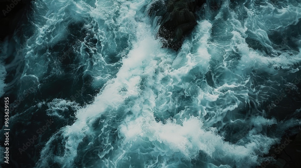 A close-up top view of wild river waves and rapids