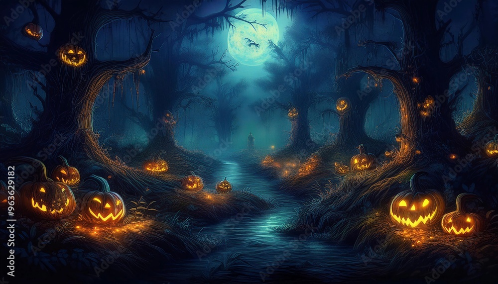 Obraz premium halloween background - scary forest at night, pumpkins, skulls, cemetery, moon