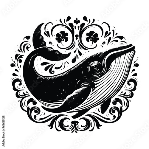 Wallpaper Mural Whale fish with victorian flourish decoration, stencil logo, black and white animal illustration Torontodigital.ca
