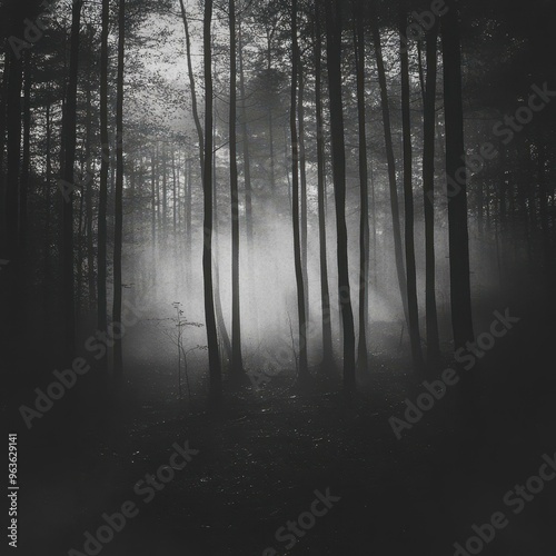 Mysterious forest with tall trees shrouded in fog, ideal for themes of nature, mystery, or eerie ambiance in creative projects,