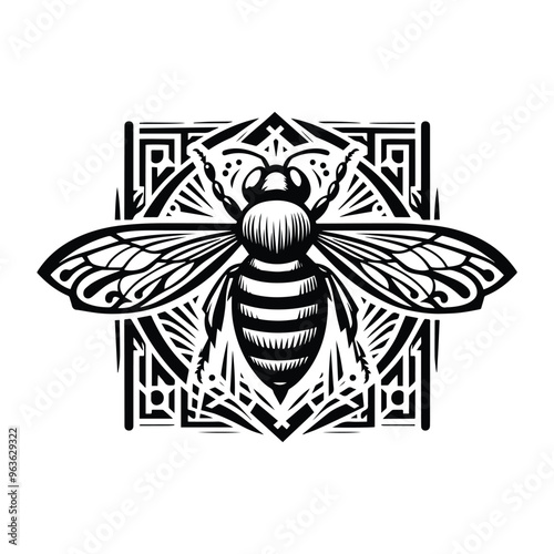 Bee insect with art deco decoration, stencil logo, black and white animal illustration