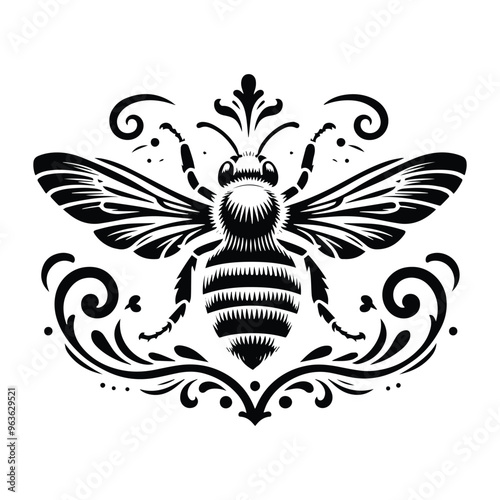 Bee insect with victorian flourish decoration, stencil logo, black and white animal illustration