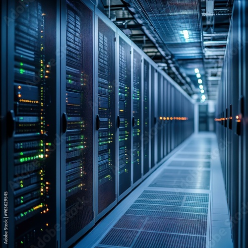 A modern data center hallway with numerous racks of servers emitting various lights useful for illustrating technology, cloud computing, and data storage themes,