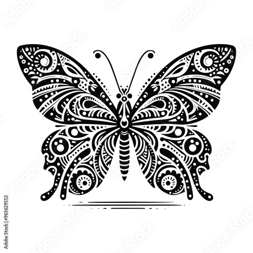 Butterfly insect in zentangle art, stencil logo, black and white animal illustration