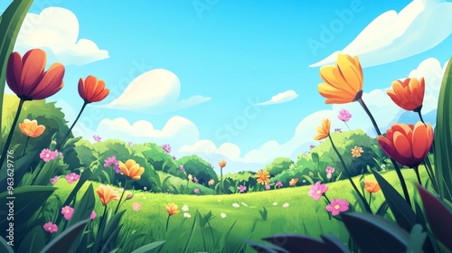 A whimsical cartoon shows a vibrant spring landscape with colorful blooms under a clear blue sky, evoking feelings of joy and tranquility inspired by natures beauty and perfection