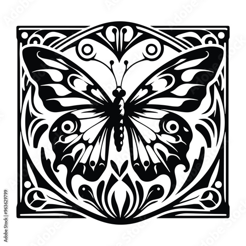 Butterfly insect with art nouveau decoration, stencil logo, black and white animal illustration