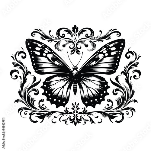 Butterfly insect with victorian flourish decoration, stencil logo, black and white animal illustration