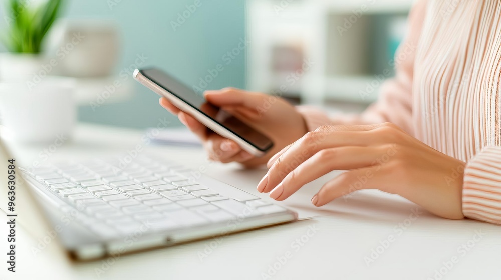 Fototapeta premium Woman typing on a keyboard while checking notes on a smartphone, multitasking, effective communication