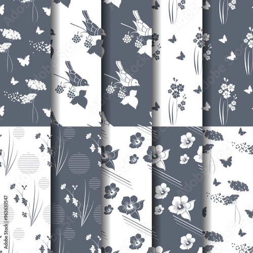 A collection of floral and bird patterns in a monochromatic palette for design purposes.