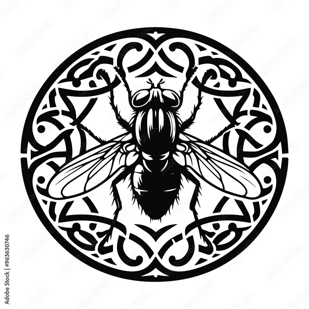 Obraz premium flies insect with art nouveau decoration, stencil logo, black and white animal illustration