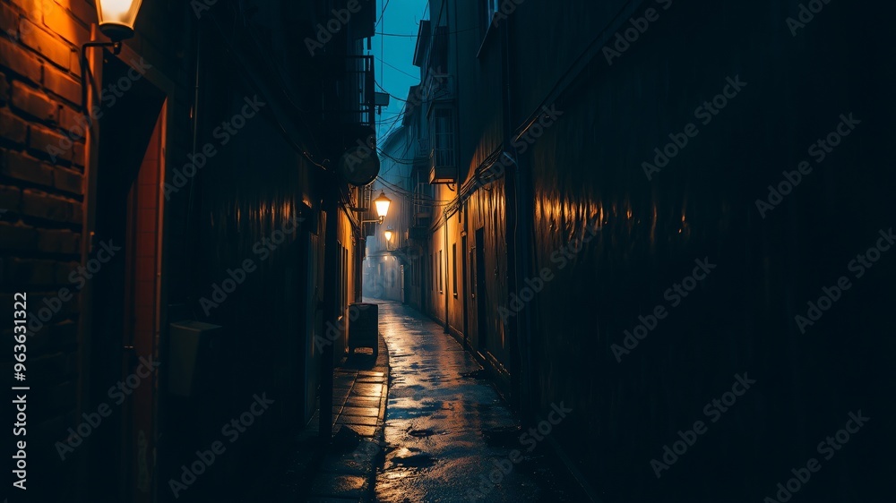 A quiet, rainy evening in a narrow alley illuminated by vintage street lamps in an old town, creating a moody, atmospheric scene at twilight A quiet, rainy evening in a narrow alley illuminated by vintage street lamps in an old town, creating a moody, atmospheric scene at twilight