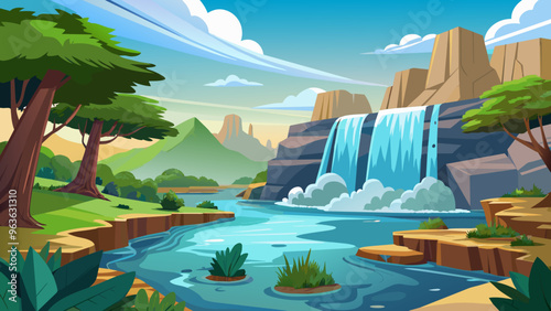 Waterfall in the wilderness cascading water in vector art illustration