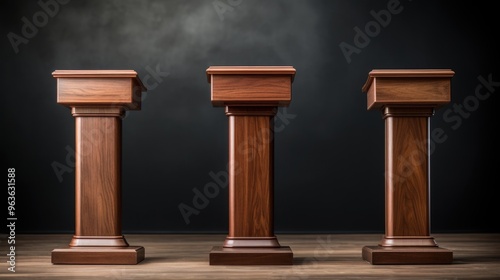 Three wooden podiums stand on a wooden floor against a dark background. The podiums are empty and ready for display.