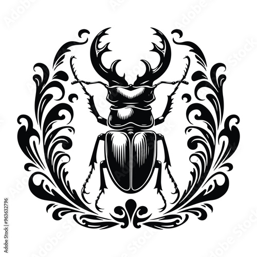 stag beetle insect with victorian flourish decoration, stencil logo, black and white animal illustration