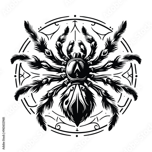 tarantula insect with art nouveau decoration, stencil logo, black and white animal illustration photo