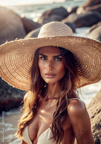 Fashion portrait of fit tanned slim stylish woman wearing large big giant straw hat