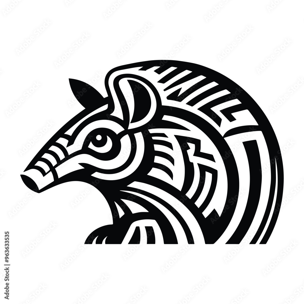 Armadillo with art deco decoration, stencil logo, black and white animal illustration Armadillo with art deco decoration, stencil logo, black and white animal illustration